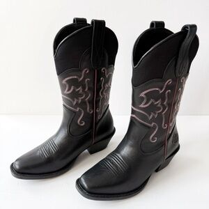 Muck Boot Women Black Leather Western Cowboy Square Toe Mid Calf Boots US6 Boho